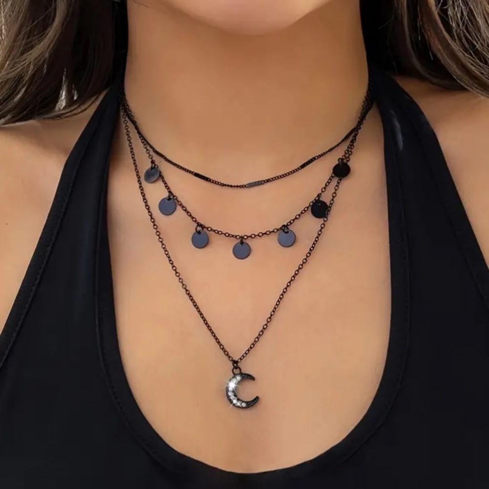 Edgy Black Diamond Crescent Moon Necklace Set - Picture 1 of 5